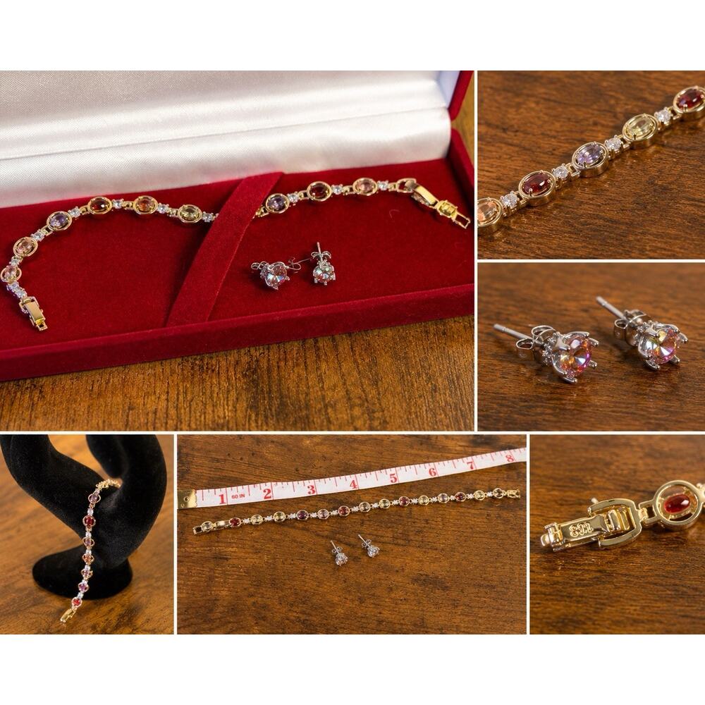 GRA Moissanite Tennis Bracelet & Stud Earrings Set Rainbow Sterling Silver